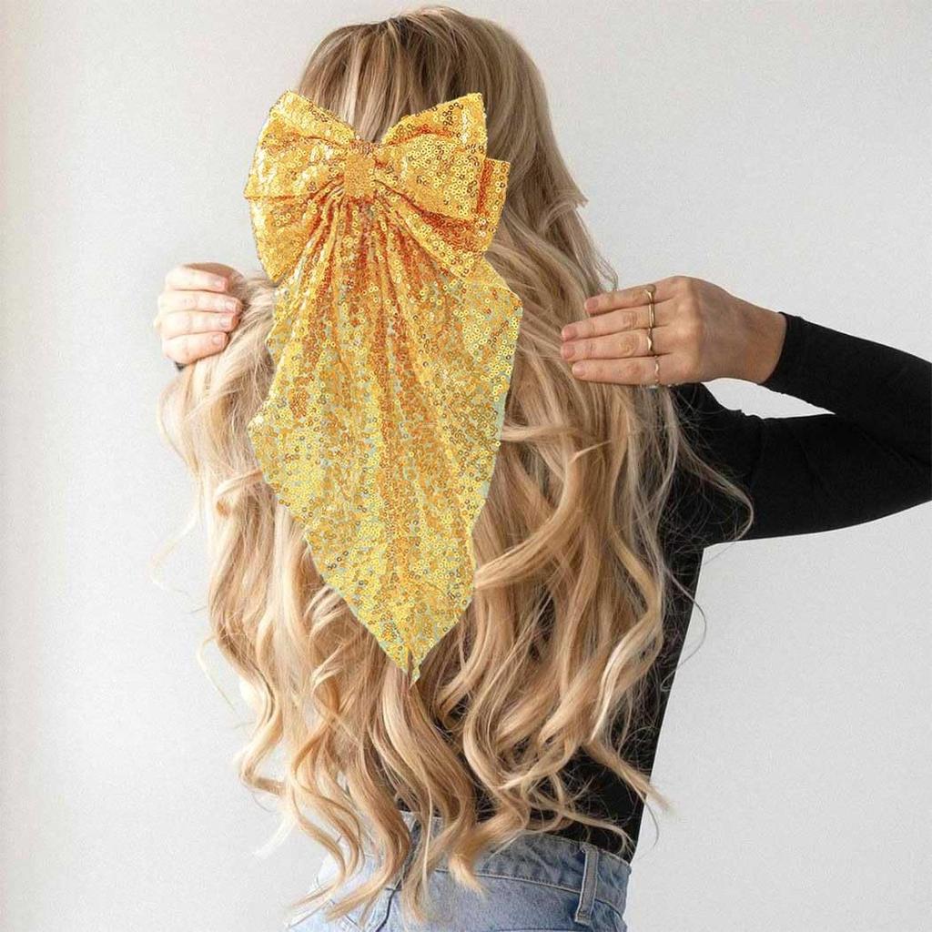 Fashionable Sequined Bow Spring Clip Mesh Ribbon Hair Clip Elegant Christmas and New Year Party Hair Accessory