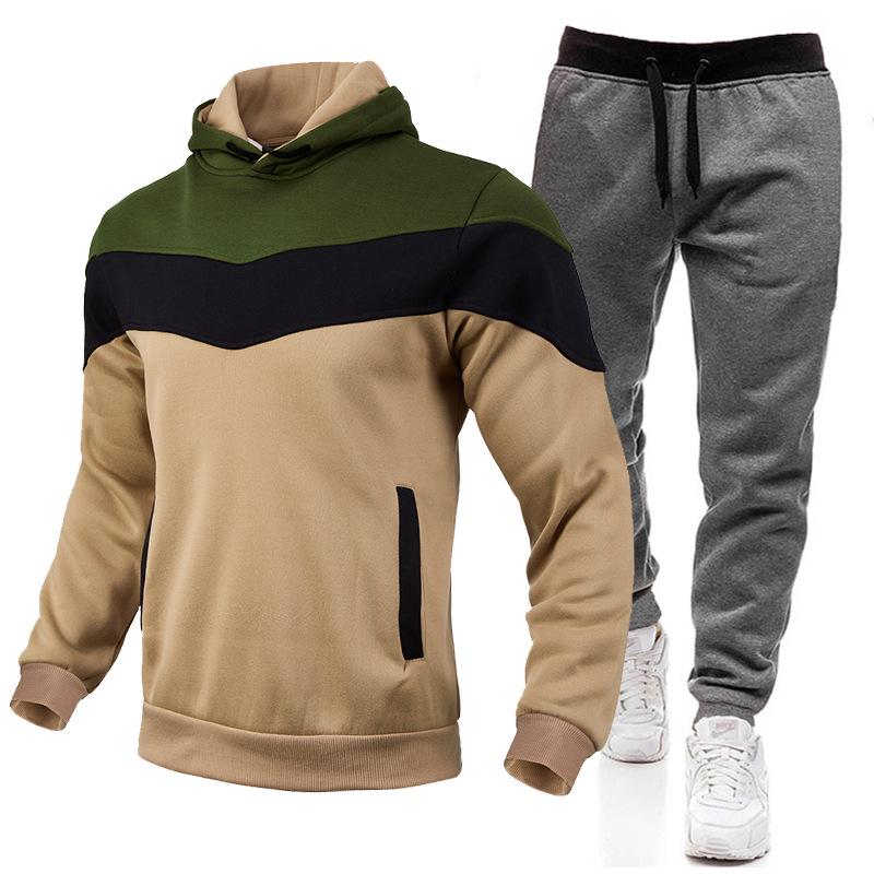 2023 Cross-Border Fleece-Lined Patchwork Hoodie & Long Pants Set – Warm Autumn/Winter Outfit