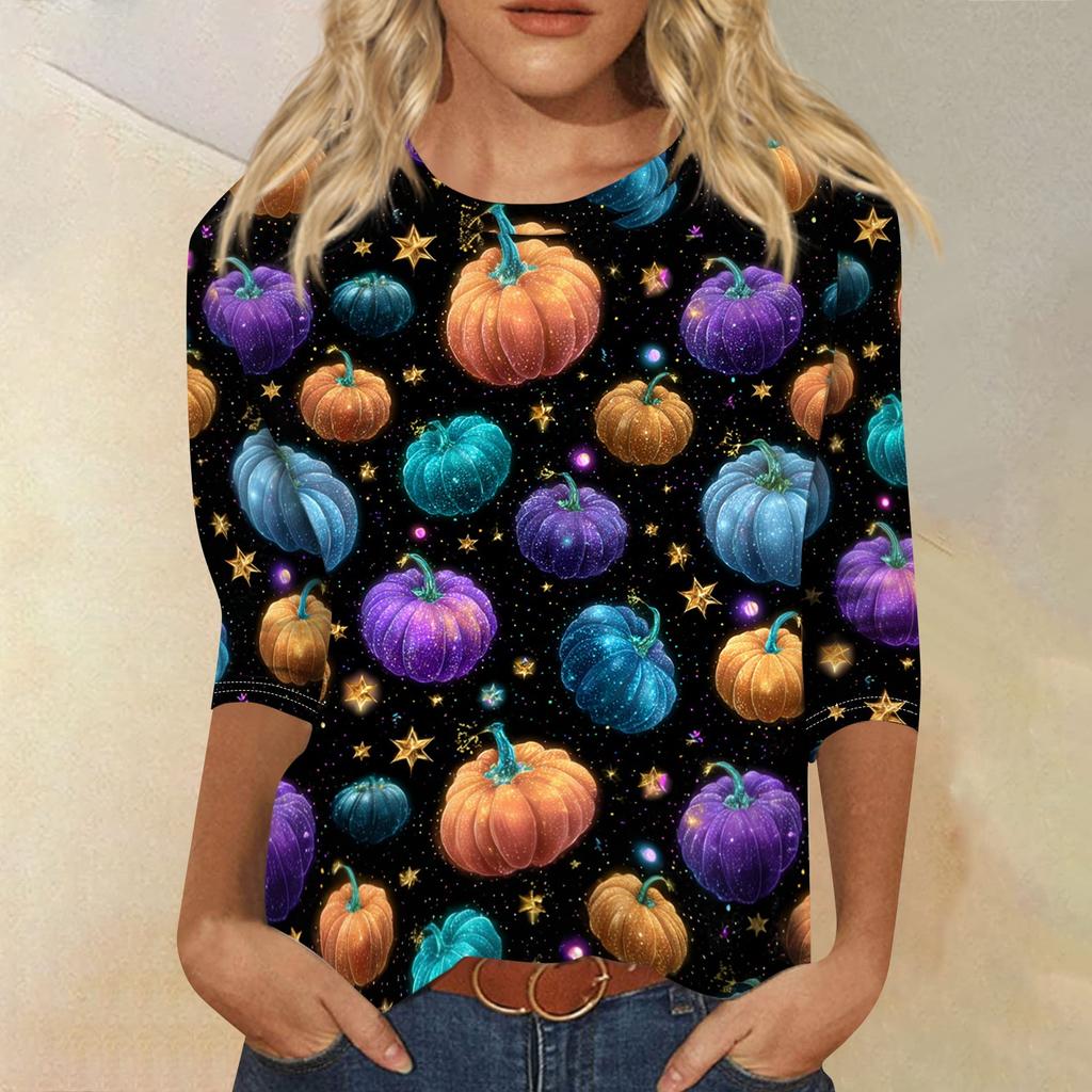 Women's Halloween Print Shirt 3/4 Sleeve Round Neck Loose Fit Casual Blouse Top Comfortable Everyday Wear
