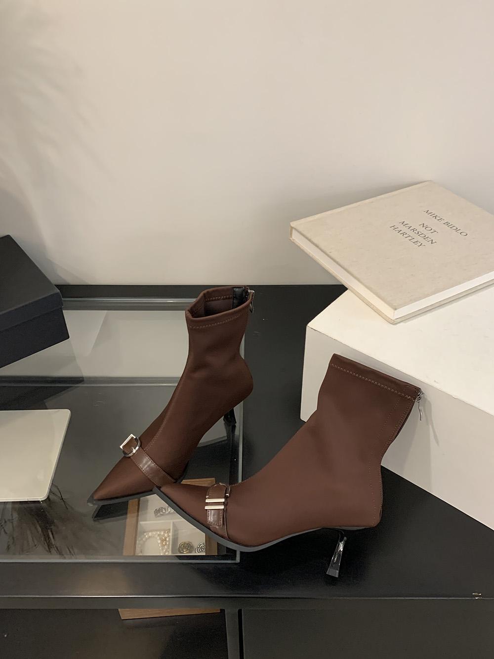 

модные женские ботильоны с острым носком, ботинки челси, тонкие высокие каблуки, черные, коричневые, с заклепками, модные туфли, женские, размер 35-39, туфли-лодочки 245 коричневый