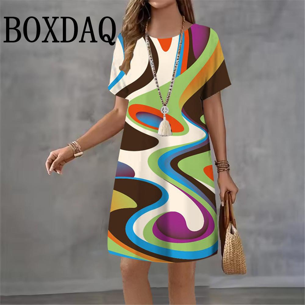 3D Abstract Print Dress Women 2026 New Summer Fashion Short Sleeve Loose Dress Casual O-Neck Ladies Short Dress