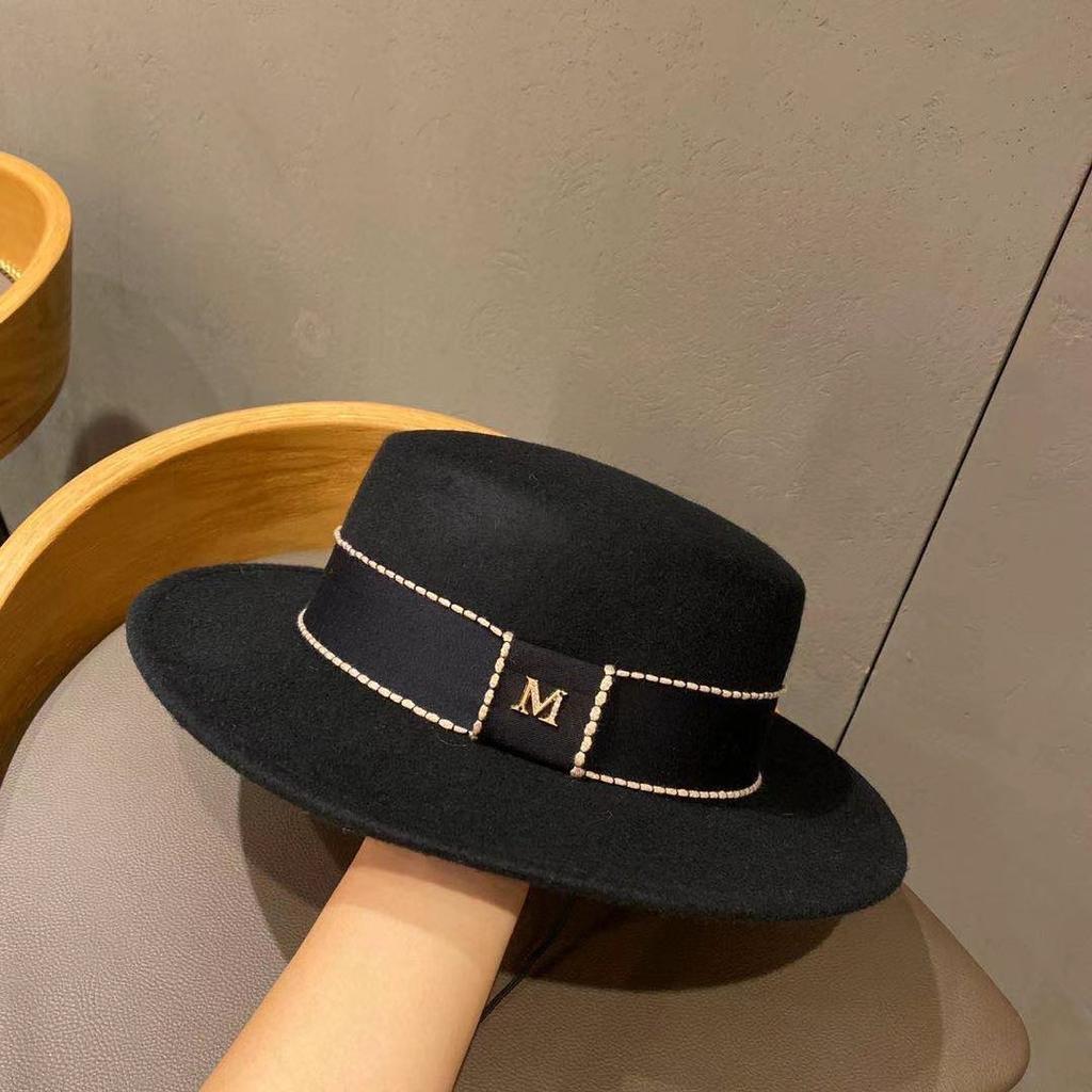 High-Quality M-Standard Eaves Double-Sided Pure Wool Flat-Top Top Top Hat, Autumn And Winter Temperament Elegant Korean Webbing Jazz Hat Tide