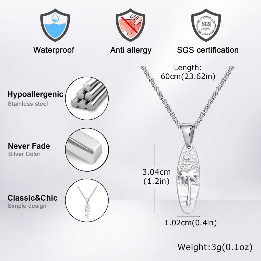 Summer Coconut Tree Pattern Oval Pendant Necklace for Men, Stainless Steel Dainty Fashion Necklace, Retro Jewelry Ocean Vacation