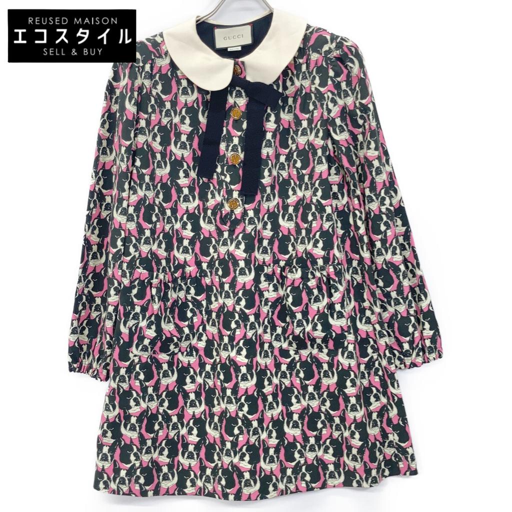 GUCCI 516826 2018 Black x Pink Silk Bulldog Dog Print Peter Pan Collar One-Piece dress 38 pink/blackUsed