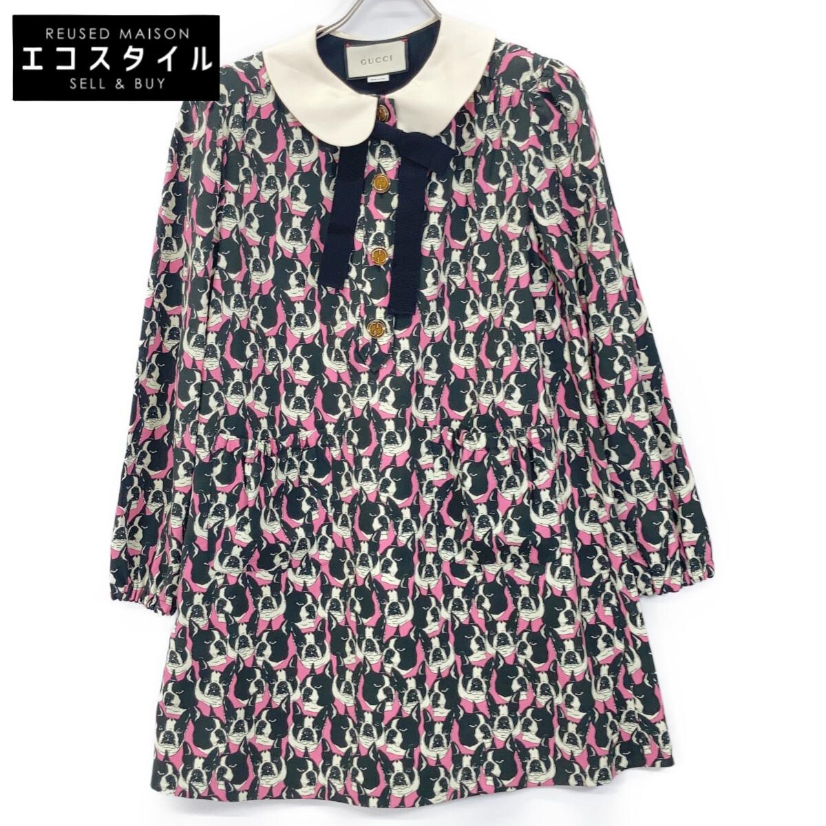 

GUCCI 516826 2018 Black x Pink Silk Bulldog Dog Print Peter Pan Collar One-Piece dress 38 pink/blackUsed