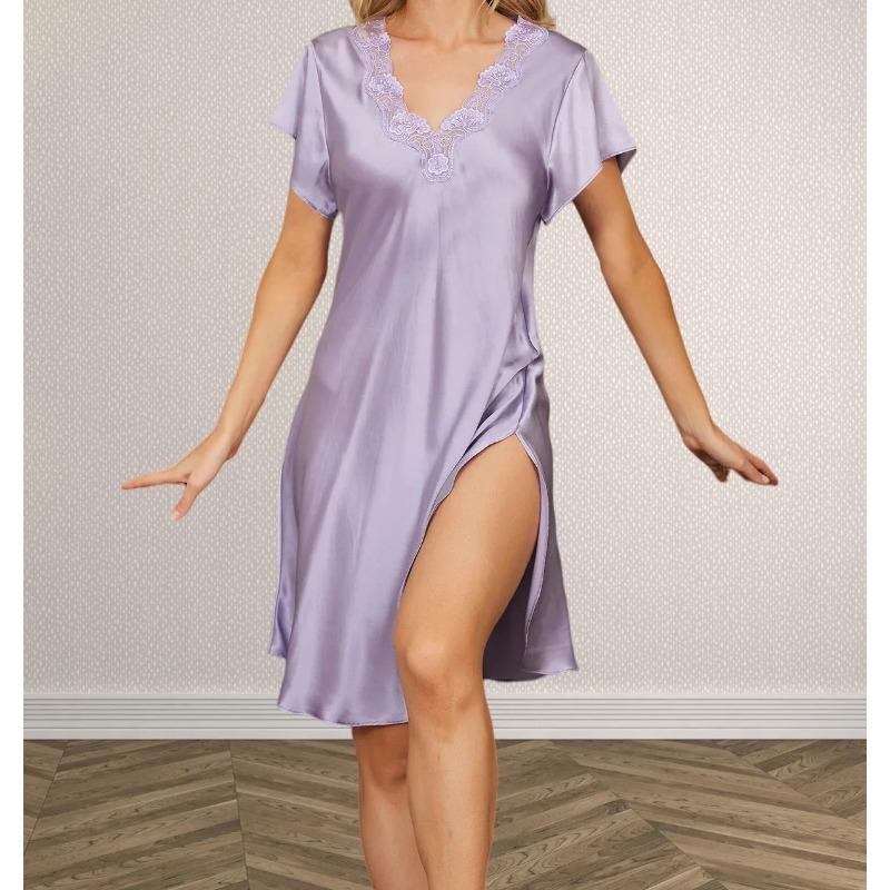 Женская шелковая кружевная пижама, сексуальная шелковая ночная рубашка с разрезом по бокам, шелковая пижама с коротким рукавом, платье, пижама M