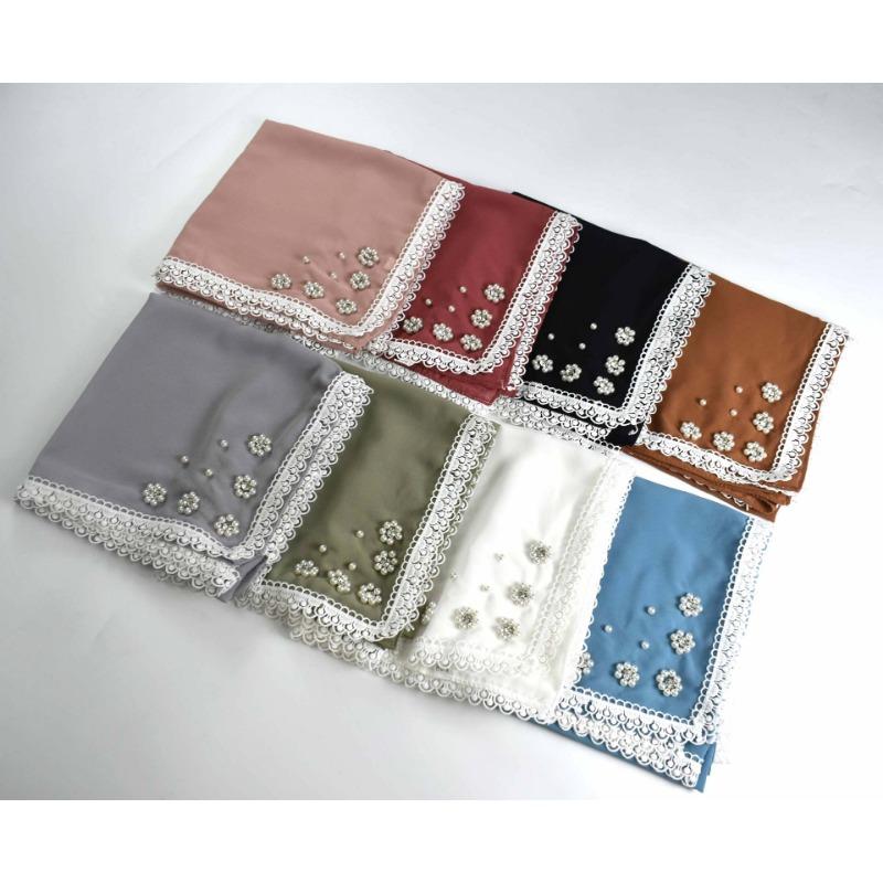 Monochrome Pearl Chiffon Square Scarf With Small Flower For Women