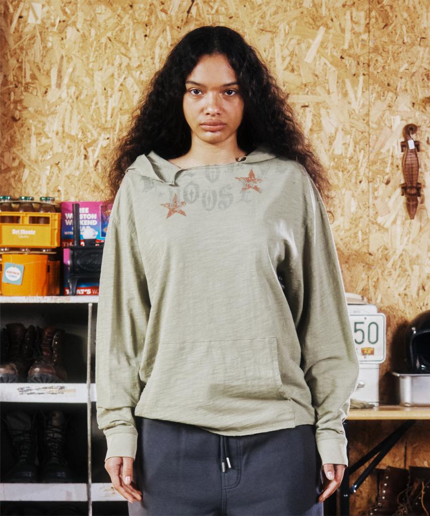 THEVINYLHOUSE Cut-Off Over Slub Hoodie Ls Tee (W) Khaki