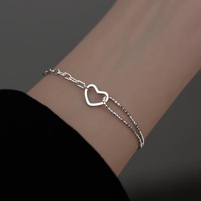 Sterling Silver S925 Silver Bracelet Sweet and Cool Bestie Chain Love Literary Personality Double Layer Ins Hollow Heart-shaped Bracelet for Women