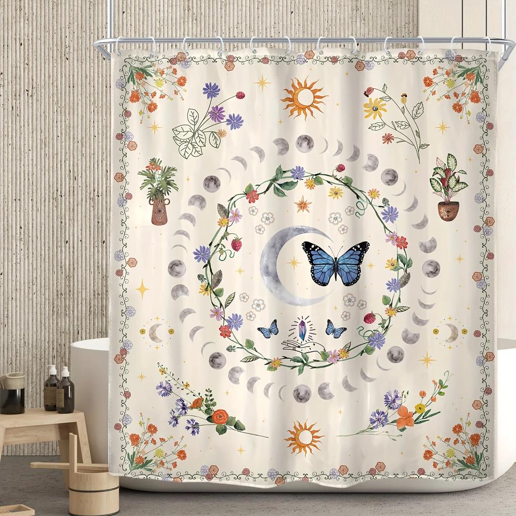 Waterproof Moon Phase Shower Curtain, Polyester Abstract Bohemian Floral Butterfly Design,Star Moon Art,Bath Decor with 12 Hooks