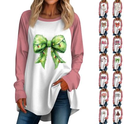 Women's Casual Plus Size Long Sleeved Round Neck Christmas Printed T-shirt Top Pullover