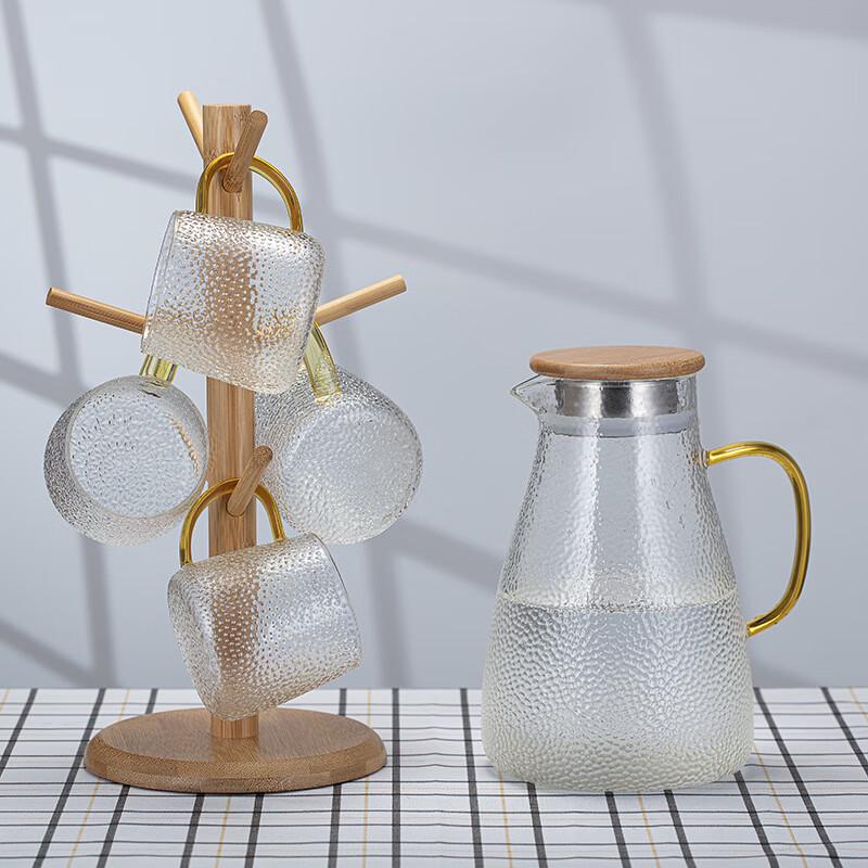 Hammered Glass Pitcher Set 1800ml Pitcher with 4 Cups and Rack