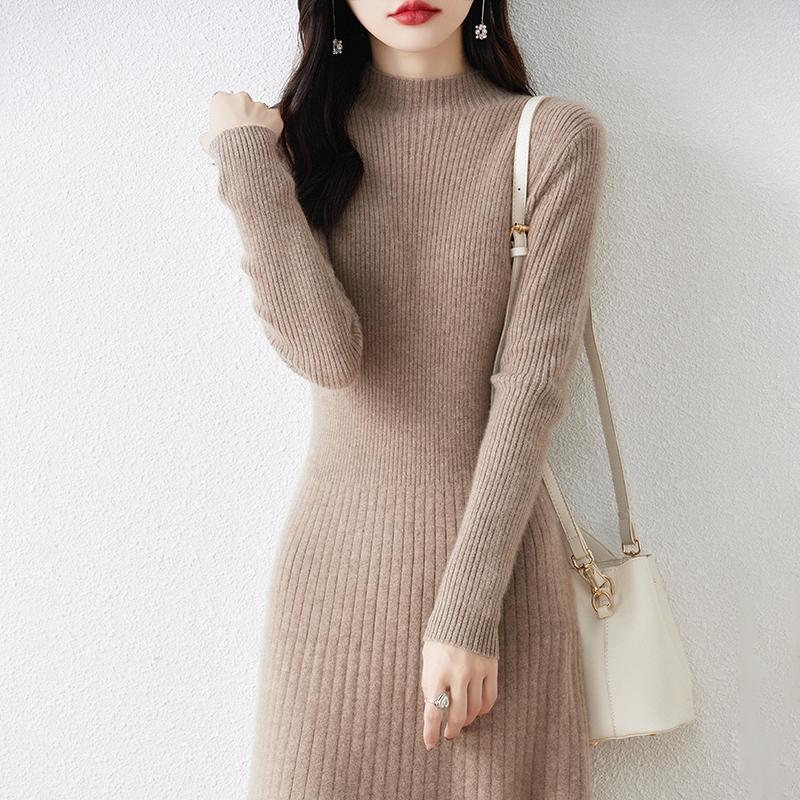 LYRIA New Women Mock Collar Dress 100% Merino Wool Pullover Skirt Autumn Winter Knitted Long Sweater Female Chic Fishtail Dress