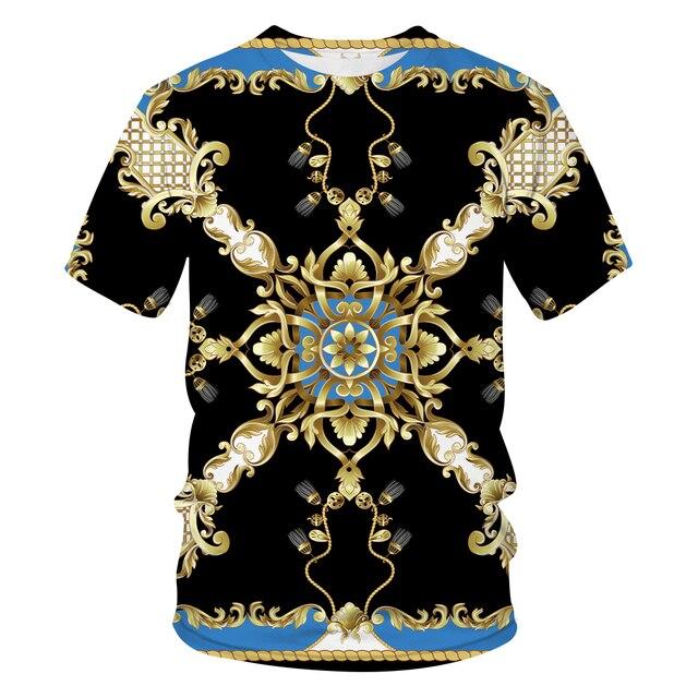 Новая летняя футболка в стиле барокко с 3D цифровым принтом, мужская/женская винтажная роскошная брендовая футболка с золотистым цветочным принтом и королевским принтом XXXL