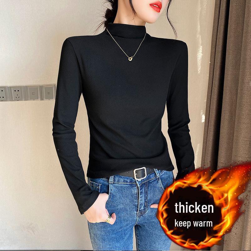 

Женские облегающие плюшевые рубашки - полувысокий воротник, длинные рукава, идеально подходят для осени/зимы XL чёрный