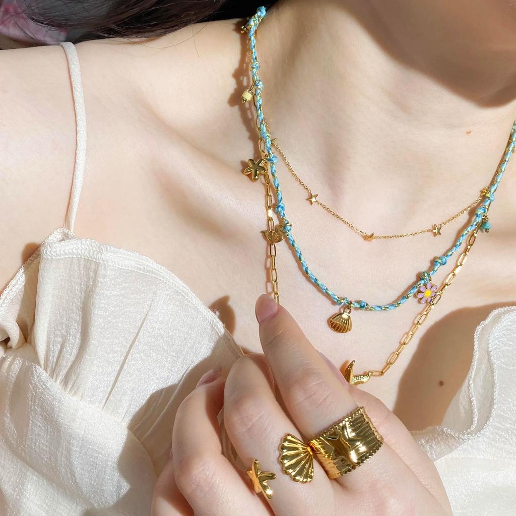 CARLIDANA Ocean Trendy Gold Plated Stainless Steel Fish Starfish Shell Open Ring Link chain Cord Necklace Bracelet Earrings Set