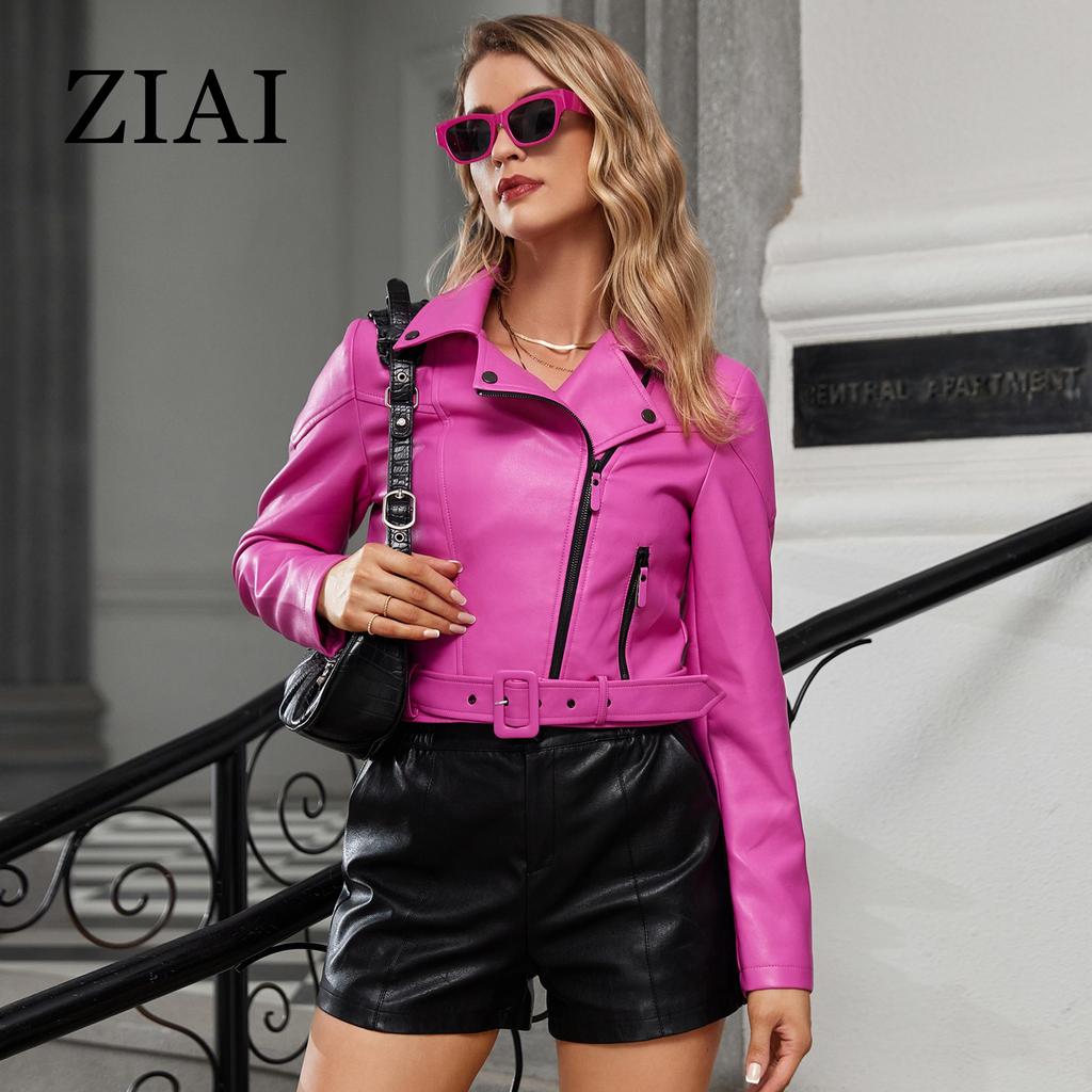 ziai Short Faux Leather Jacket Women Lapel Slanted Zipper Loose Waterproof Trench Coat Fashion PU Coat Streetwear ZP-23812