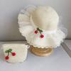 Kids Summer Beach Straw Hat Wide Brim Sun Protection Cap with Simple Lace and Cherry Decoration for Girls Outdoor Travel