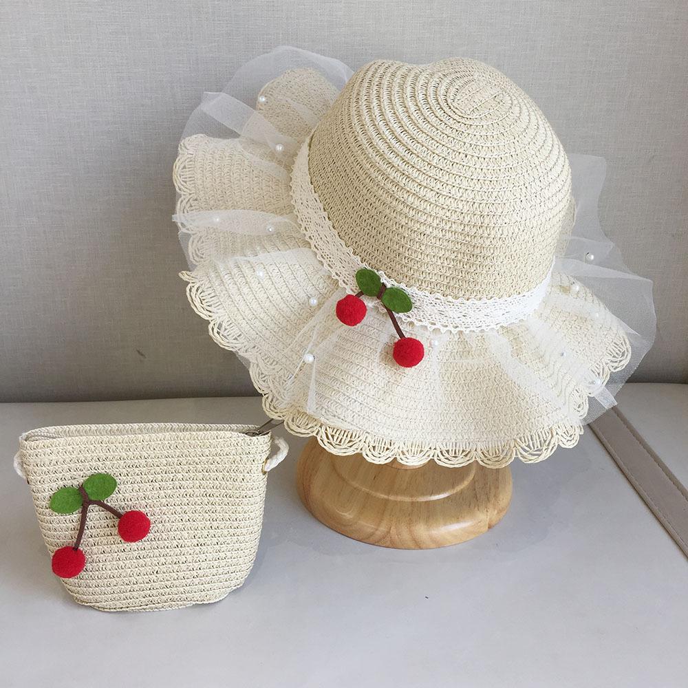 Kids Summer Beach Straw Hat Wide Brim Sun Protection Cap with Simple Lace and Cherry Decoration for Girls Outdoor Travel