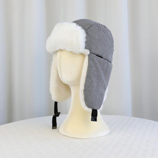 Lei Feng Hat Plaid Print Velvet Lining Buckle Closure Ear Protection Hat Windproof Cold Weather Outdoor Hat