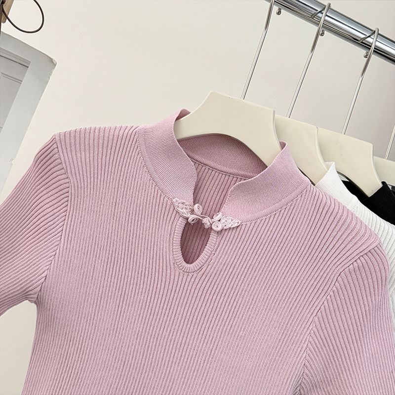 Chinese Style Button Up Stand Up Collar Knitted Sweater Women Spring Summer Tight Fitting Inner Layer Bottom Layer Temperament Short Sleeved Top