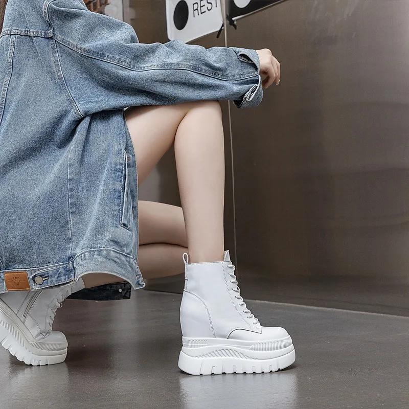 Fashion 12cm New Genuine Leather Women Breathable Platform Hidden Heels Shoes Genuine Leather Chimney Fashion Spring ZIP Ankle Booties