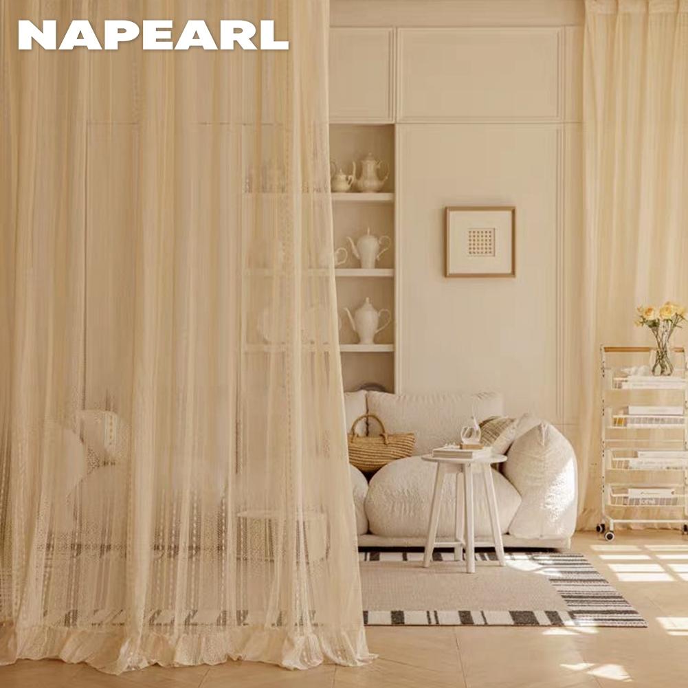 1 Stück NAPEARL Beige Tüll Französisch Retro Jacquard Rüschenkante Transparenter Vorhang für Wohnzimmer Schlafzimmer Balkon Fenster Heimdeko