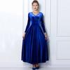 Women Evening Dress Golden Velvet V Neck Pleated A-line Pure Color Long Sleeves Full