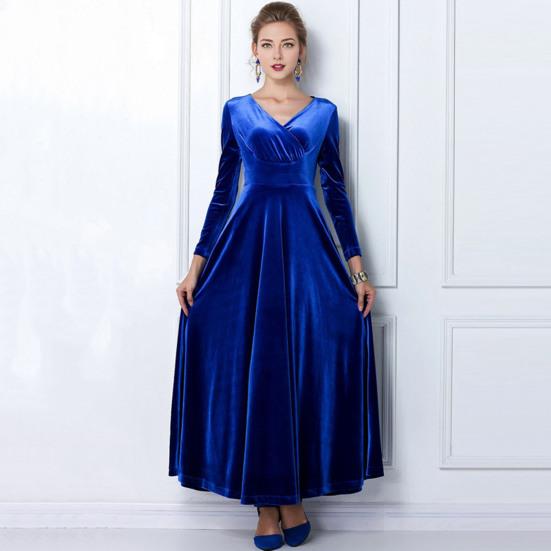 Women Evening Dress Golden Velvet V Neck Pleated A-line Pure Color Long Sleeves Full