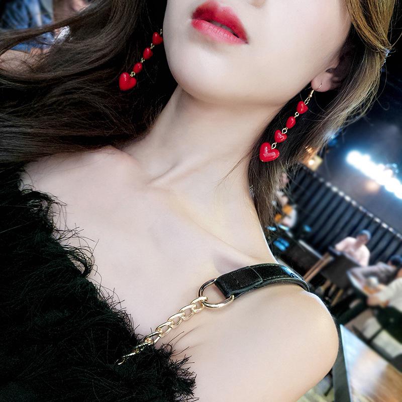 Korean Style Long Tassel Earrings Red Lovely Heart Drop Earrings Women Valentine's Day Festival Birthday New Year Gift