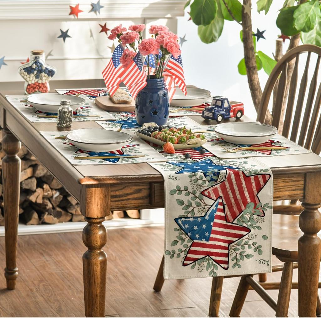 American Flag Stars Eucalyptus 4th of July Placemats Set of 4, 12x18 Inch Seasonal Patriotic Memorial Day Table Mats