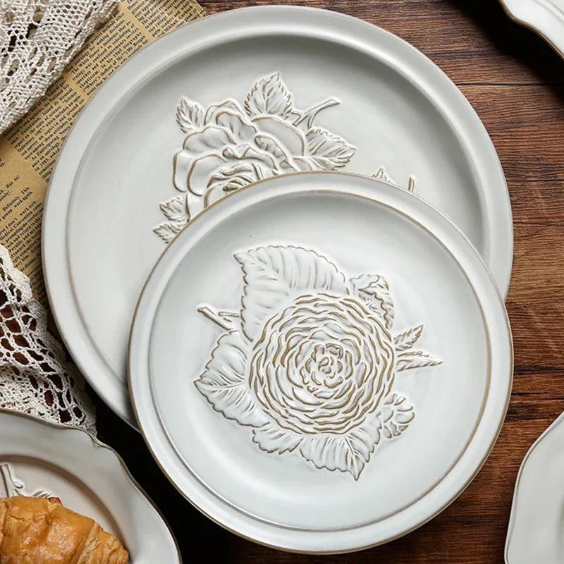 Exquisite Relief Flower Ceramic Plate Creative Irregular Dessert Fruit Plates Luxury Restaurant Salad Steak Plate Home Tableware
