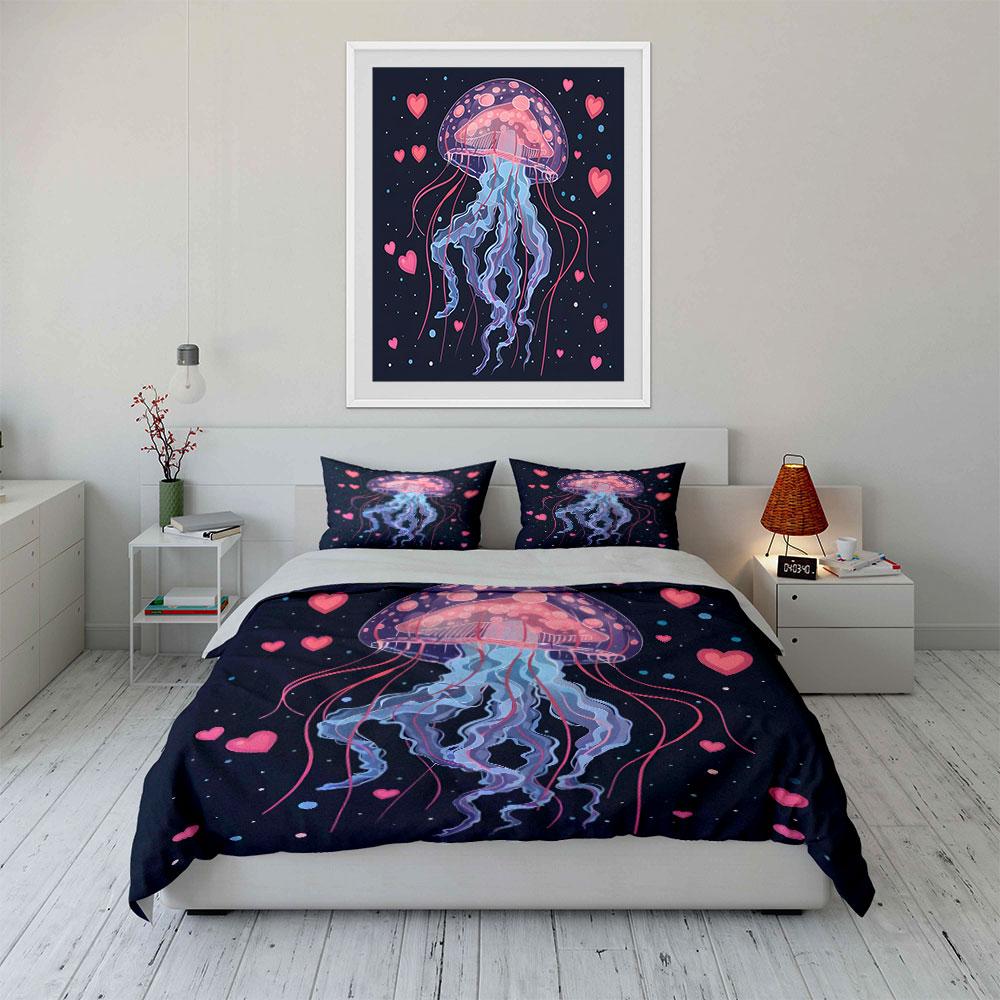 Jellyfish with Romantic Pink Hearts Print Bedding Set 1 Duvet Cover 2 Pillowcases for Adult and Children Luxury Gift Full Size