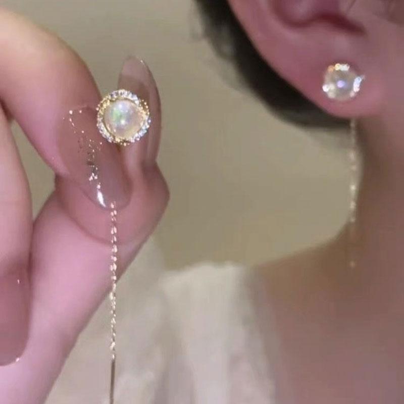 Women'S Fashion Trend Imitation Pearl Tassel Earrings For Women Copper Zircon Ear Line Earring Travel Banquet Party Gifts