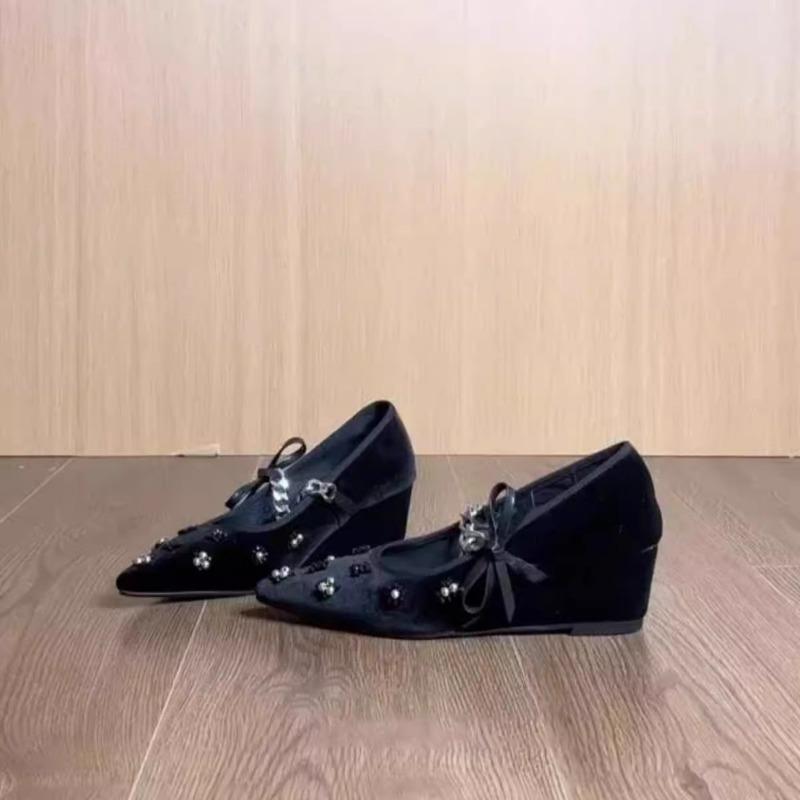 Slope Heel Shoes Summer Pointed Point Shallow Mouth Pointed Fabric Shallow Mouth Metal Chain Butterfly Knot Soft Soled Mid-heels