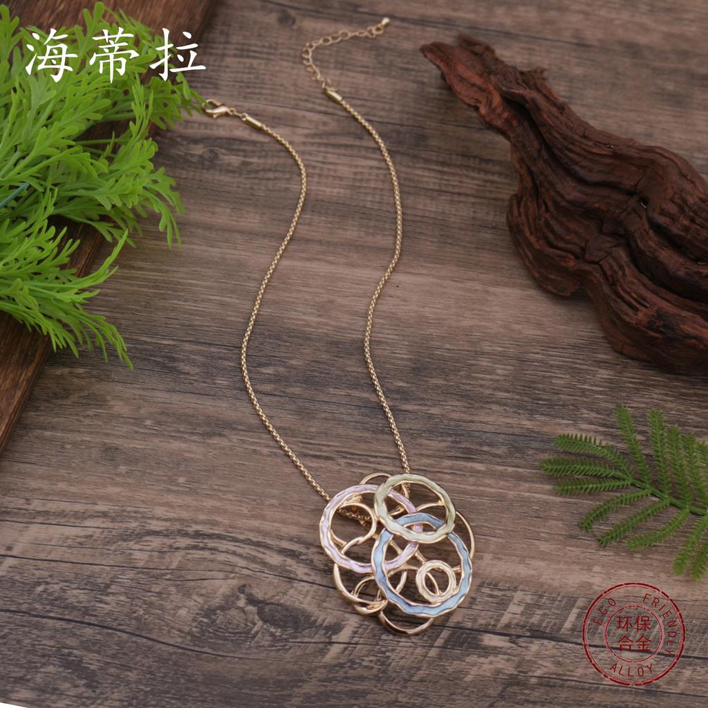 New Enamel Color Hollow Geometric Round Exaggerated Pendant, Personalized Ring Women's Versatile Necklace