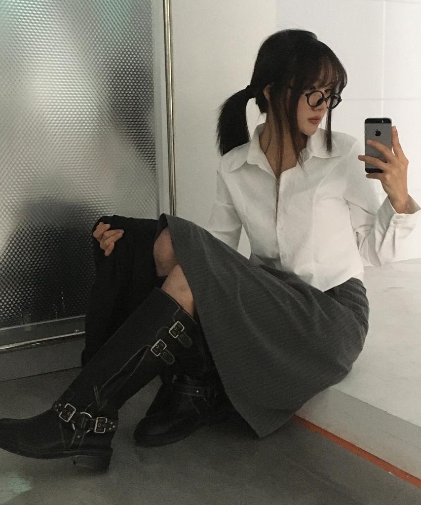 Chix Pinstripe Asymmetrical Midi Skirt Charcoal