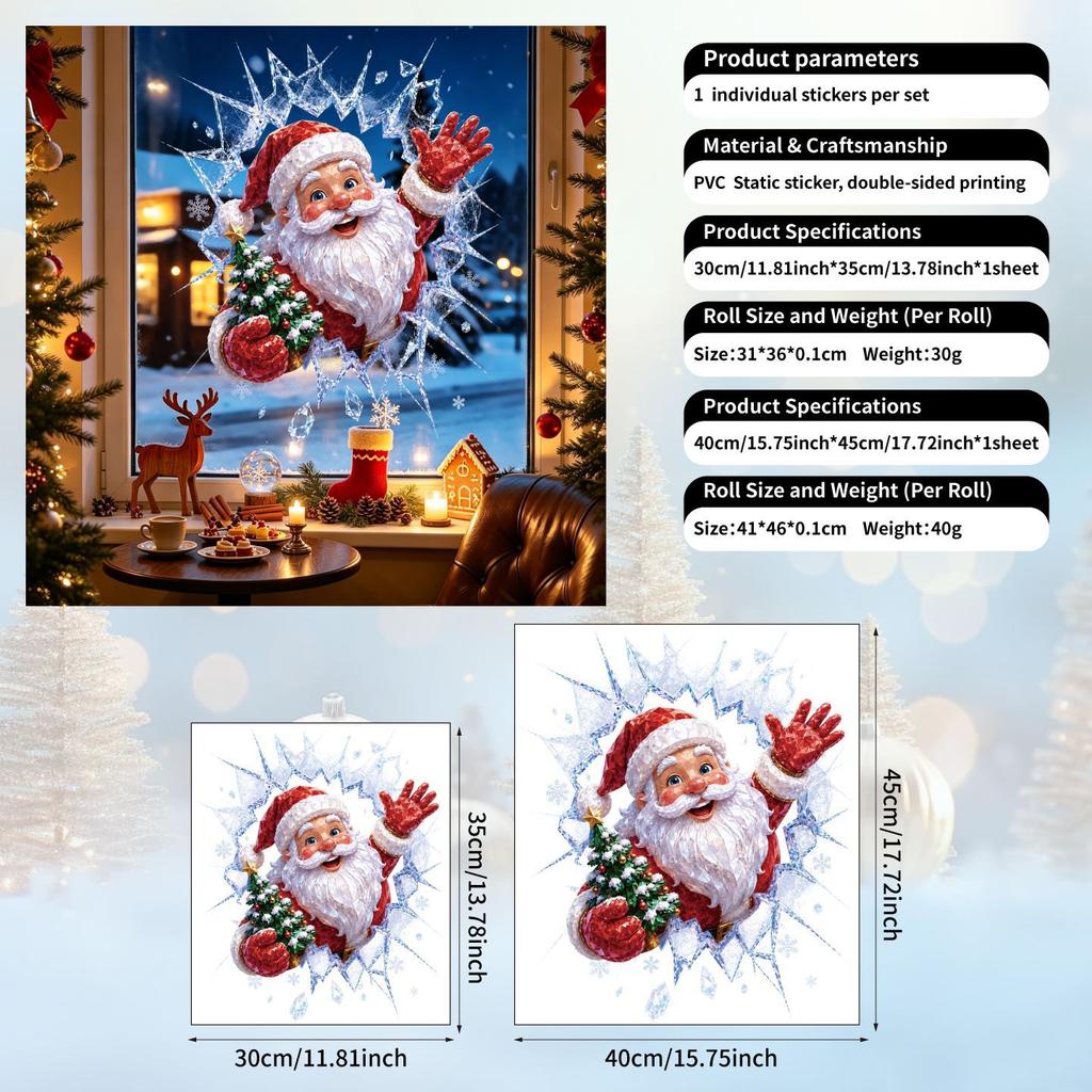 3D Broken Window Santa Static Cling Sticker Christmas Shop Window Glass Decor