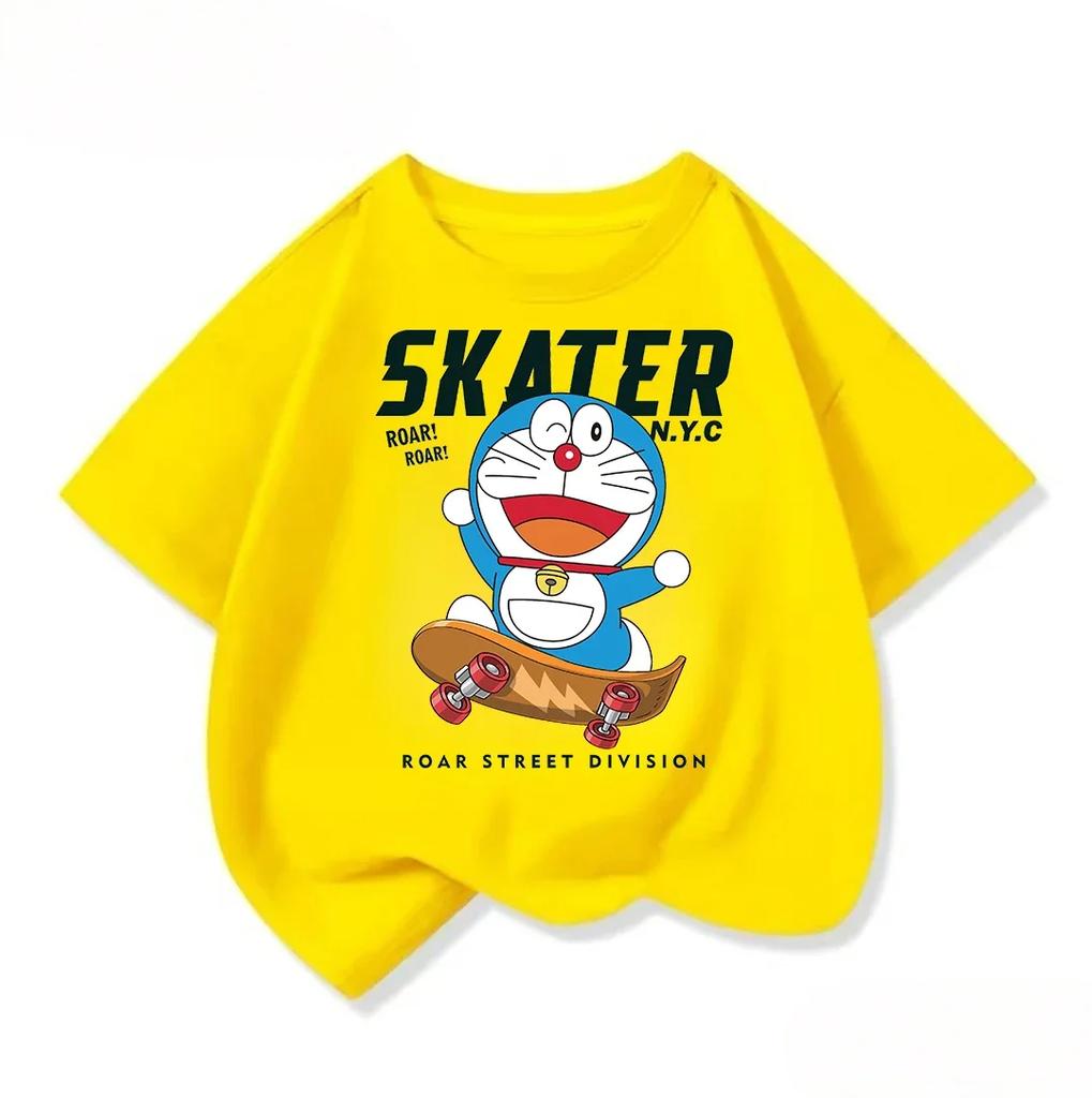 Cute Children Crew Neck T Shirt Summer Fashion Cartoon Print Trendy Street Casual Tops Doraemon Boys Girls Outfit 314Y