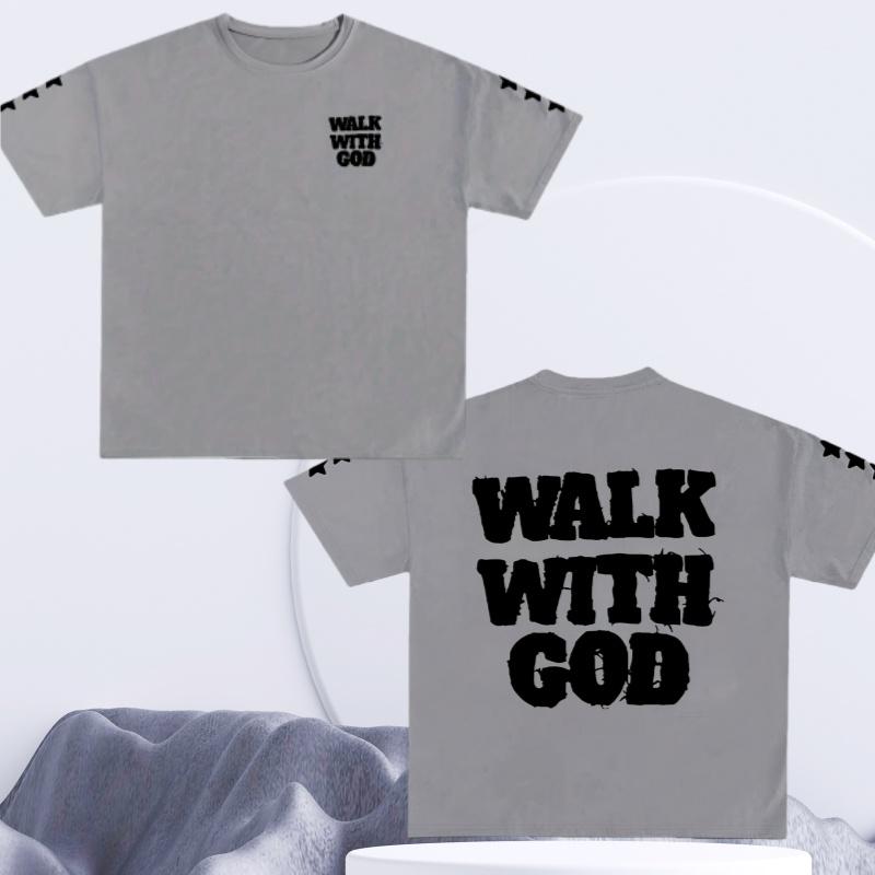 Spring and Summer Mens Cotton Walk with God Letter Printed Tshirt Casual Fashion Short Sleeved Round Neck Tshirt Street Top