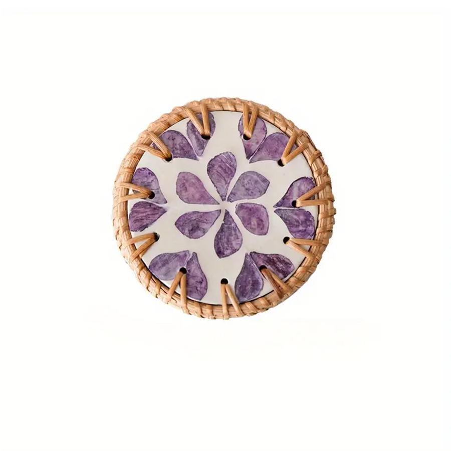 Handmade Rattan And Ceramic Shell Coasters Creative Colorful Round Coffee Table Mats Decor Bowl Mats For Home Decor