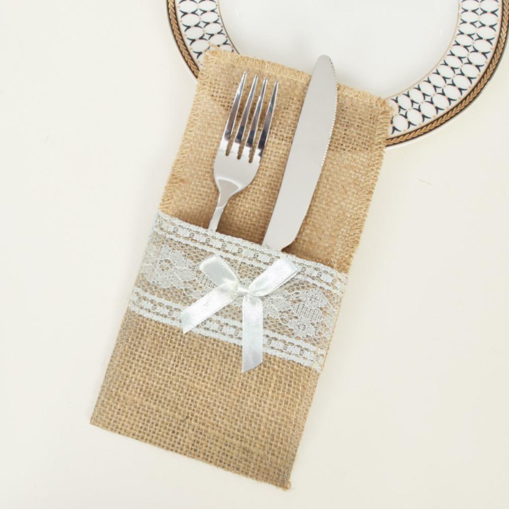 Lace Trim Tableware Storage Bag Linen Fabric Table Decoration Accessories  For Table Decorations