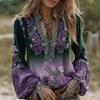 Camicetta da Donna Scollo a V Manica Lunga Vestibilità Regolare Casual Stampa Floreale Camicia Boemia
