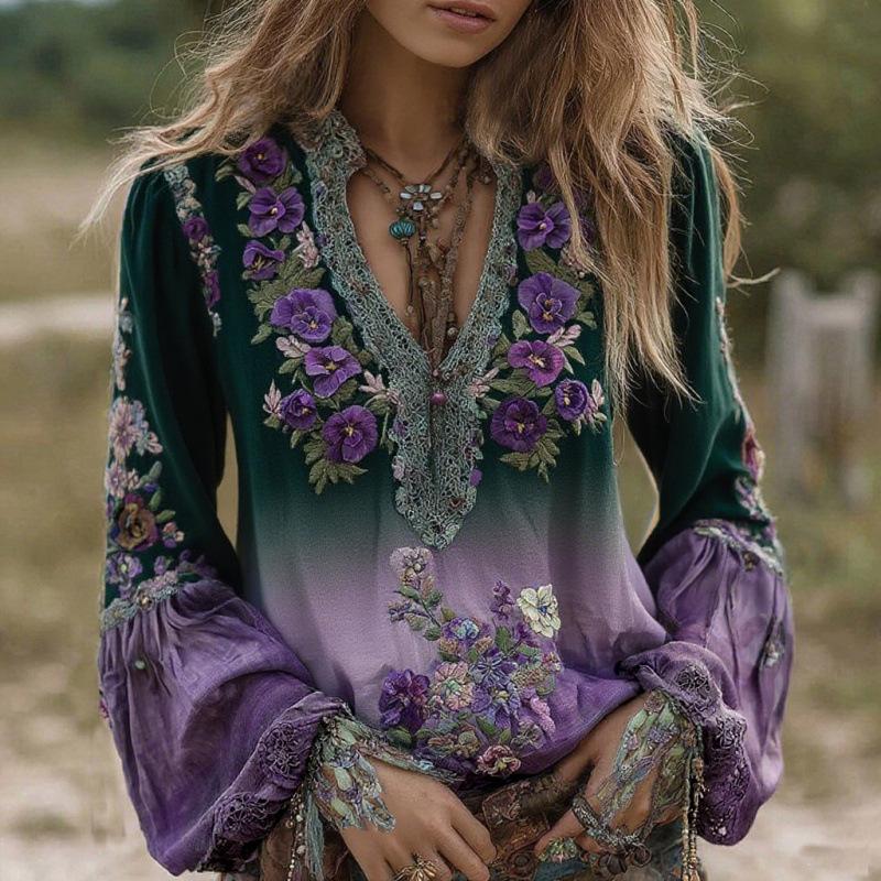 Camicetta da Donna Scollo a V Manica Lunga Vestibilità Regolare Casual Stampa Floreale Camicia Boemia