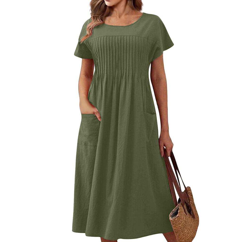 Women's Fashion Color Round Neck Pocket Pleated Short Sleeve Cotton And Linen Dress
