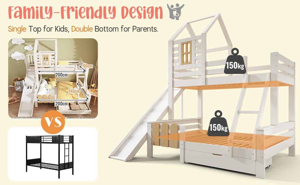 Bunk Bed 90x200 & 140x200 Cm, House Bed with Drawer, Slide and Ladder, Children's Loft Bed, Log Cabin Design, EN747-1:2024 Safety (Without Mattress)