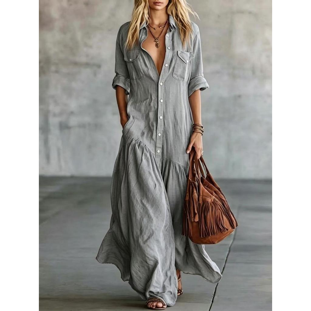 Women's Casual Dresses - Bohemian V-neck Shirt Collar Mid-length Loose Flowy Swing Vacation Dress Women