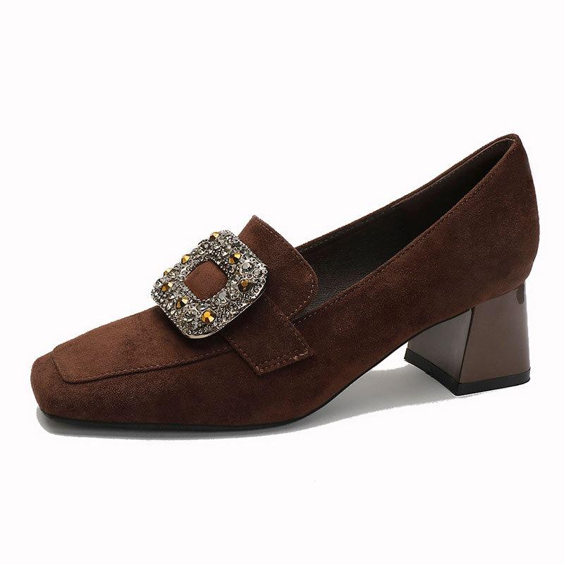 Thick heel high heels women's 2025 new British style women's shoes rhinestone square buckle deep mouth French retro square head single shoes