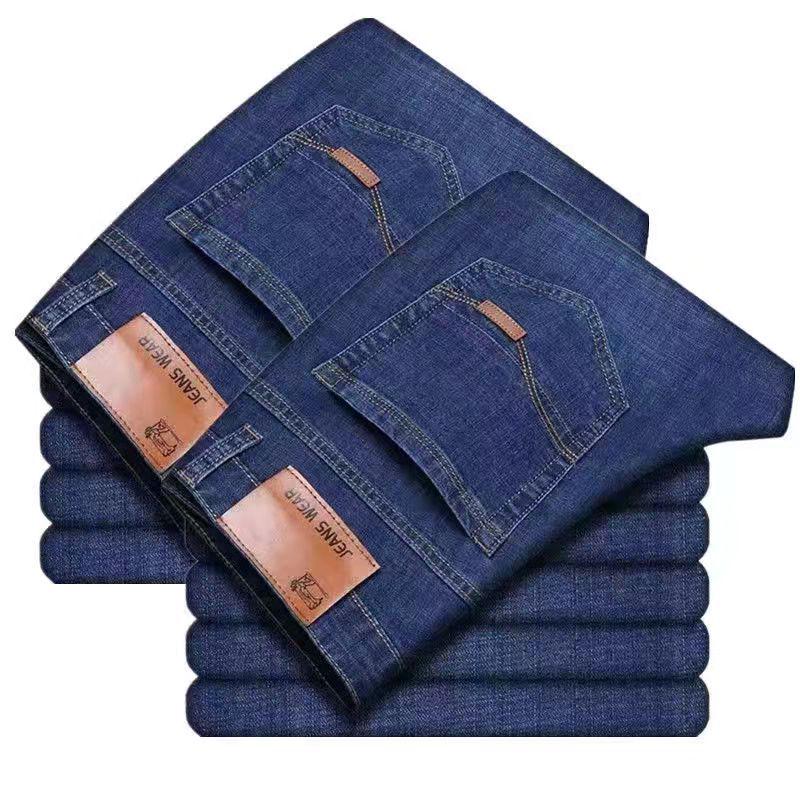 Men's Elastic Straight-Leg Casual Denim Pants - Loose Fit for Middle-Aged Dads