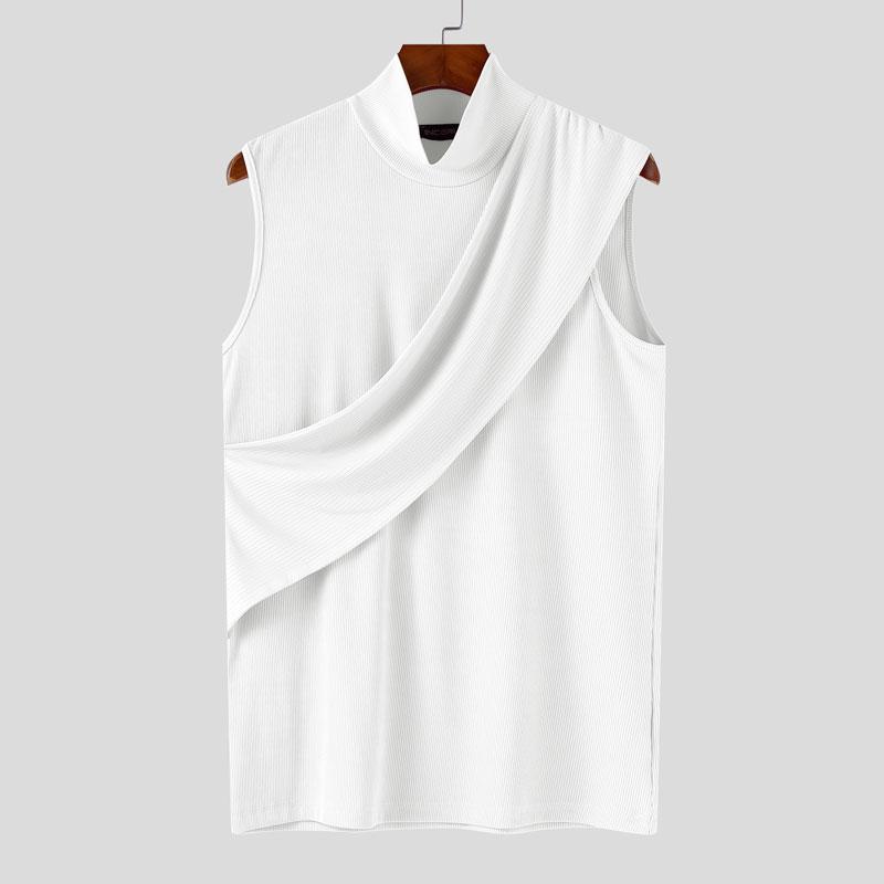 INCERUN Summer Men High Neck Sleeveless Front Cross Rib Skinny Tank Tops T-shirts